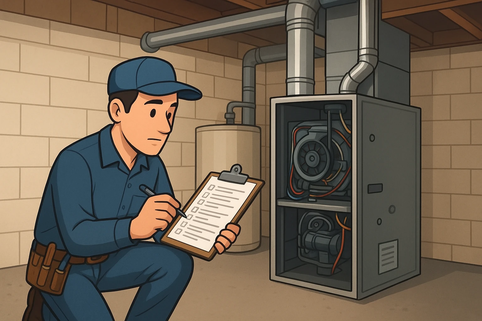 HVAC technician inspecting furnace in basement