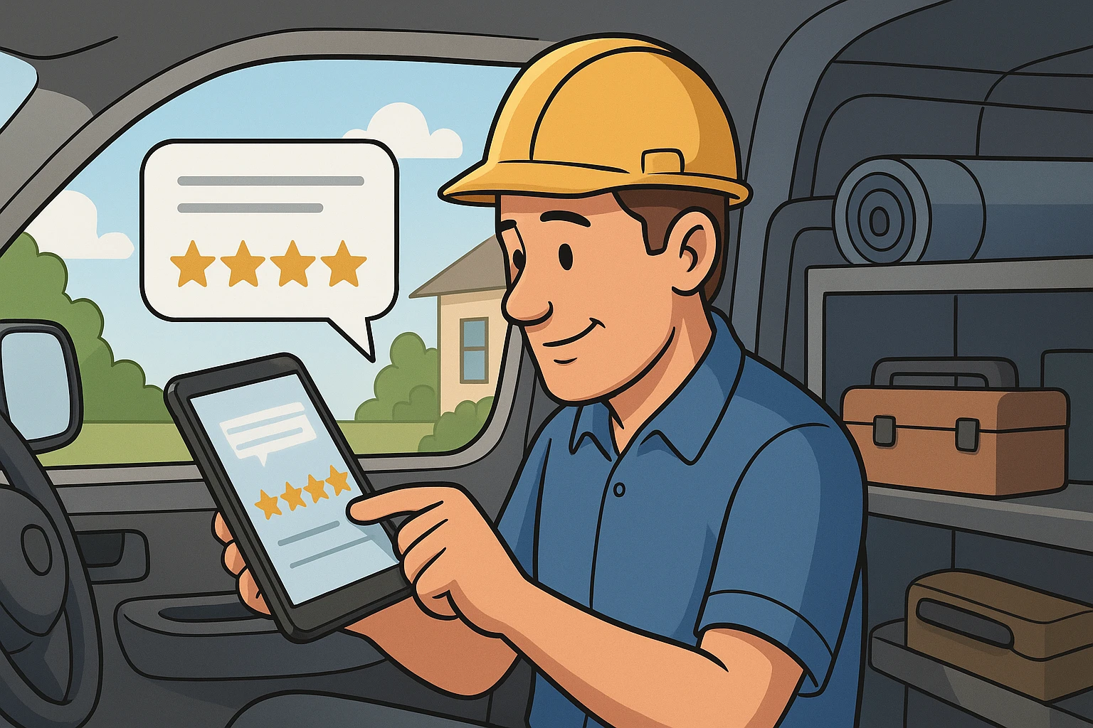 Roofer replying to reviews inside service truck
