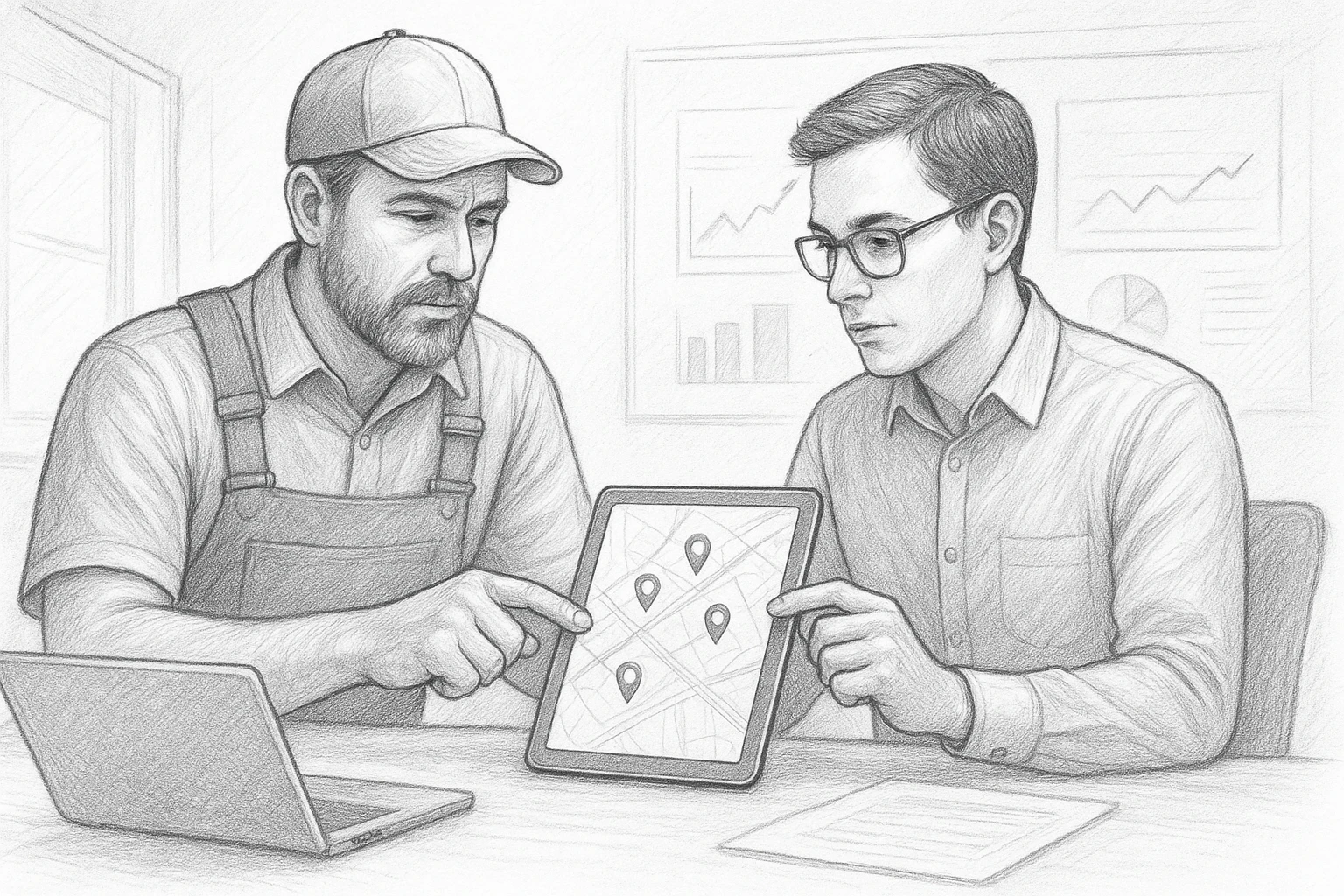 HVAC owner and specialist reviewing map on tablet