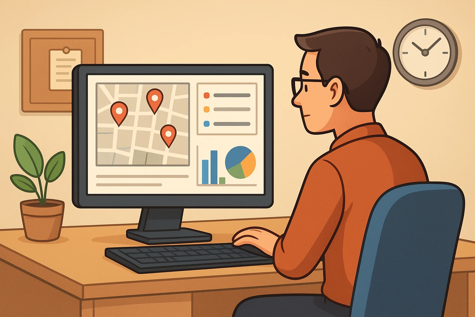 Cartoon business owner comparing local search rivals on desktop map