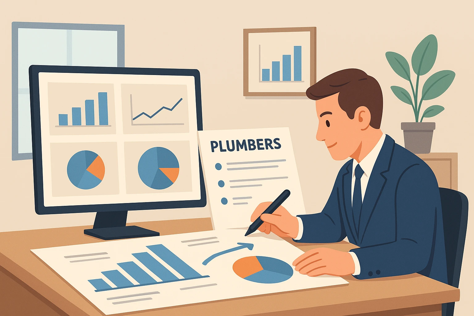Consultant comparing plumber reports on desk