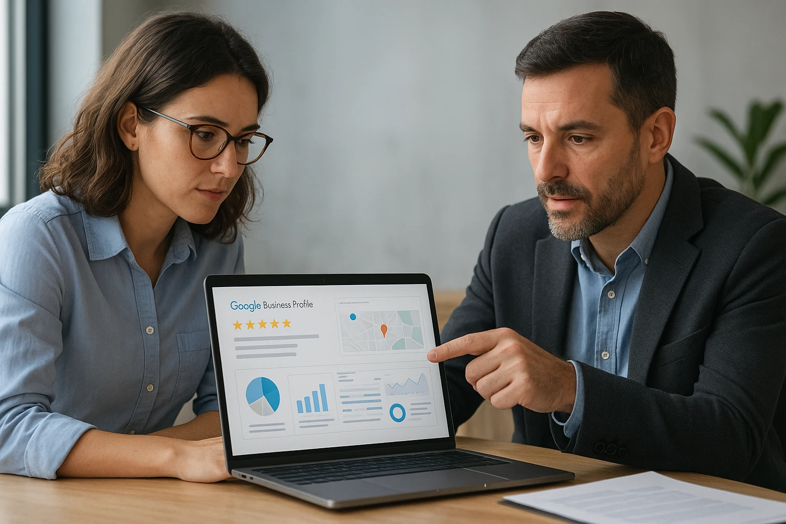 Business owner and consultant reviewing profile edits