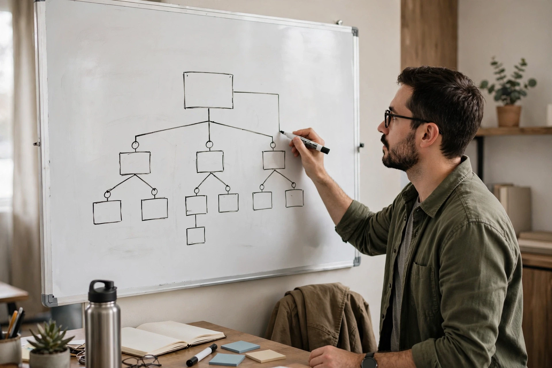 Small business owner sketching website sitemap whiteboard
