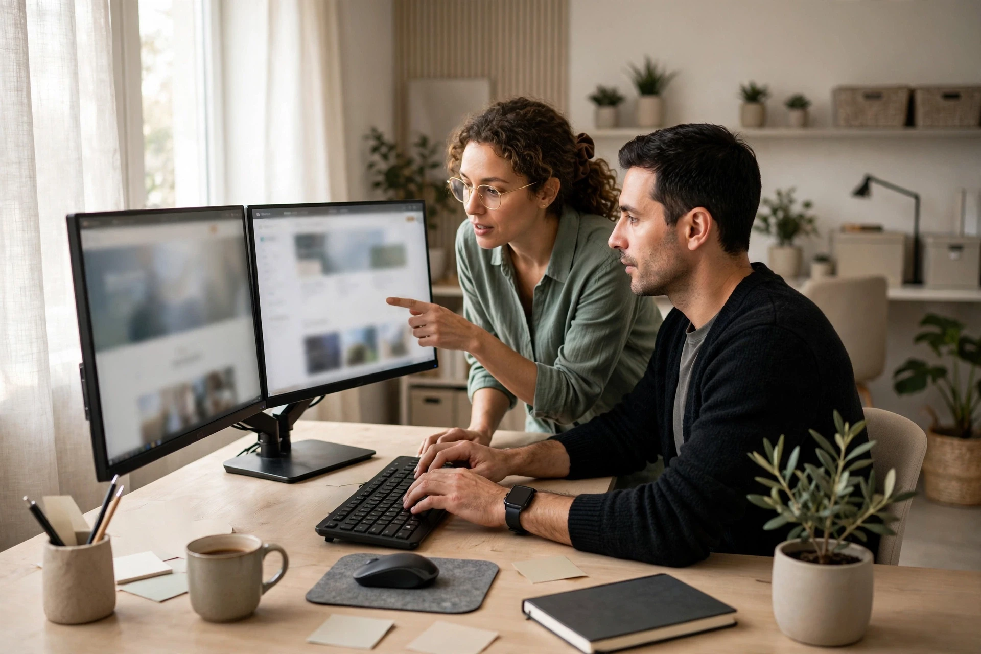 Marketing team updating website content on dual monitors