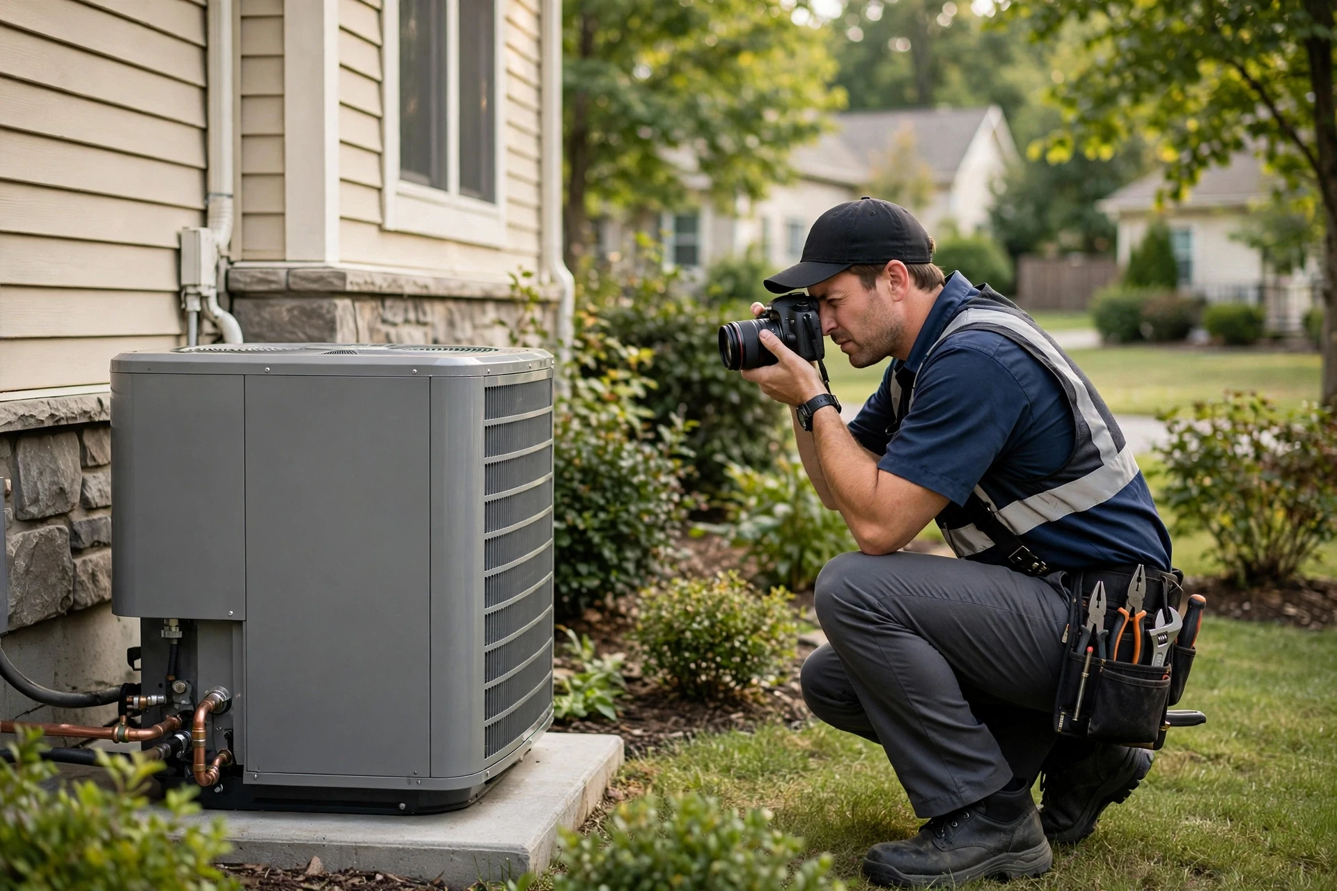 Technician photographing HVAC unit outside home