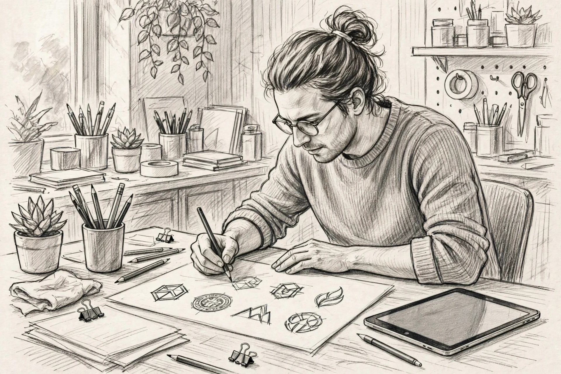 Designer sketching logo concepts beside tablet