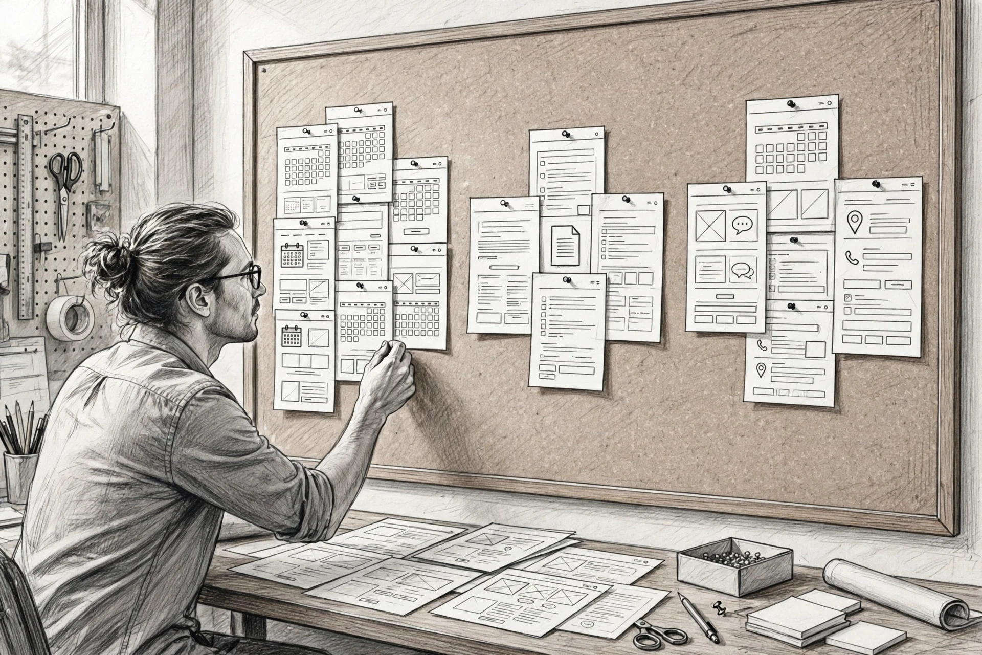 Designer pinning task-labeled site screenshots to board