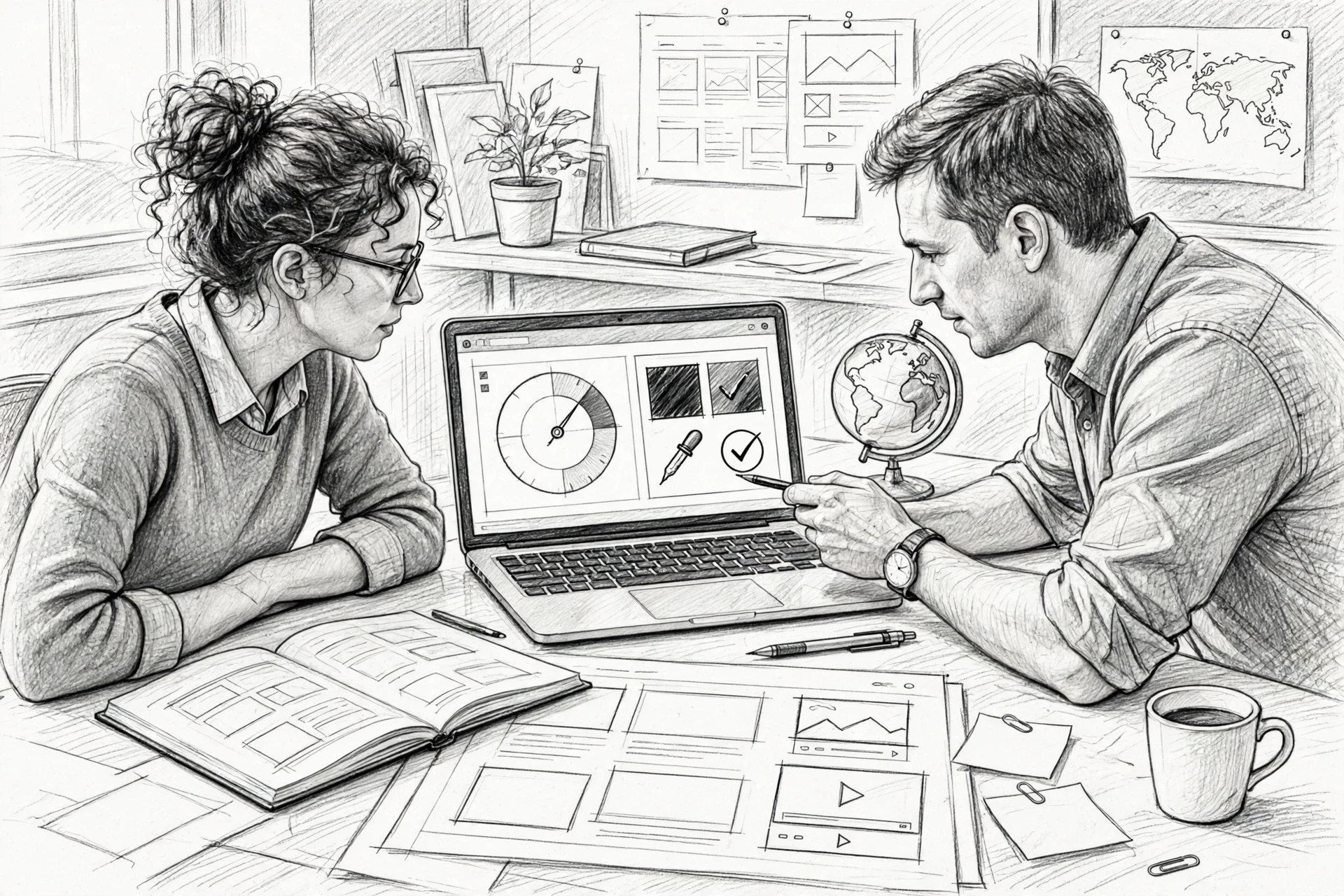 Pencil sketch of designers reviewing multilingual wireframe accessibility