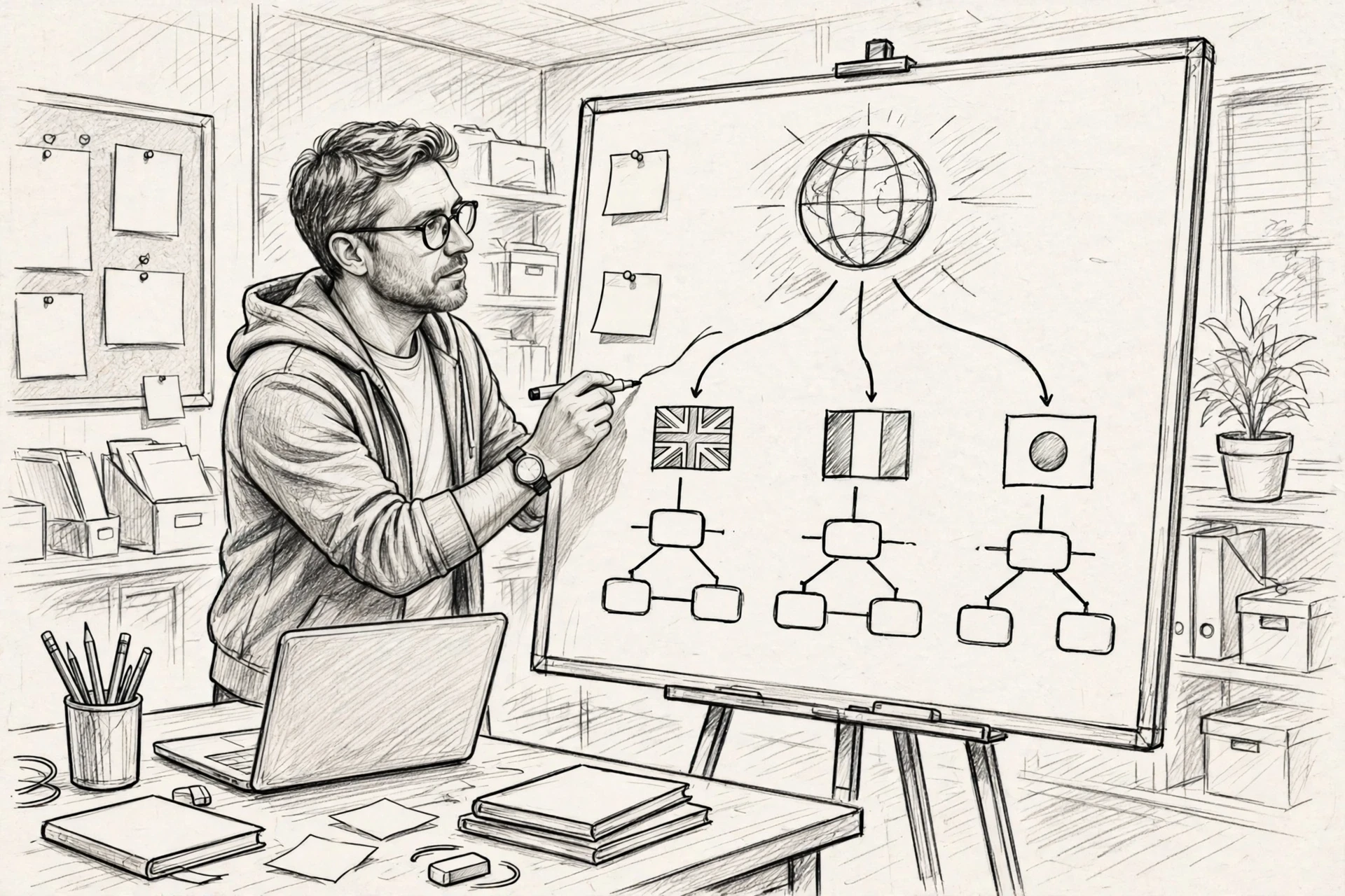 Developer mapping multilingual subdirectory URLs on whiteboard
