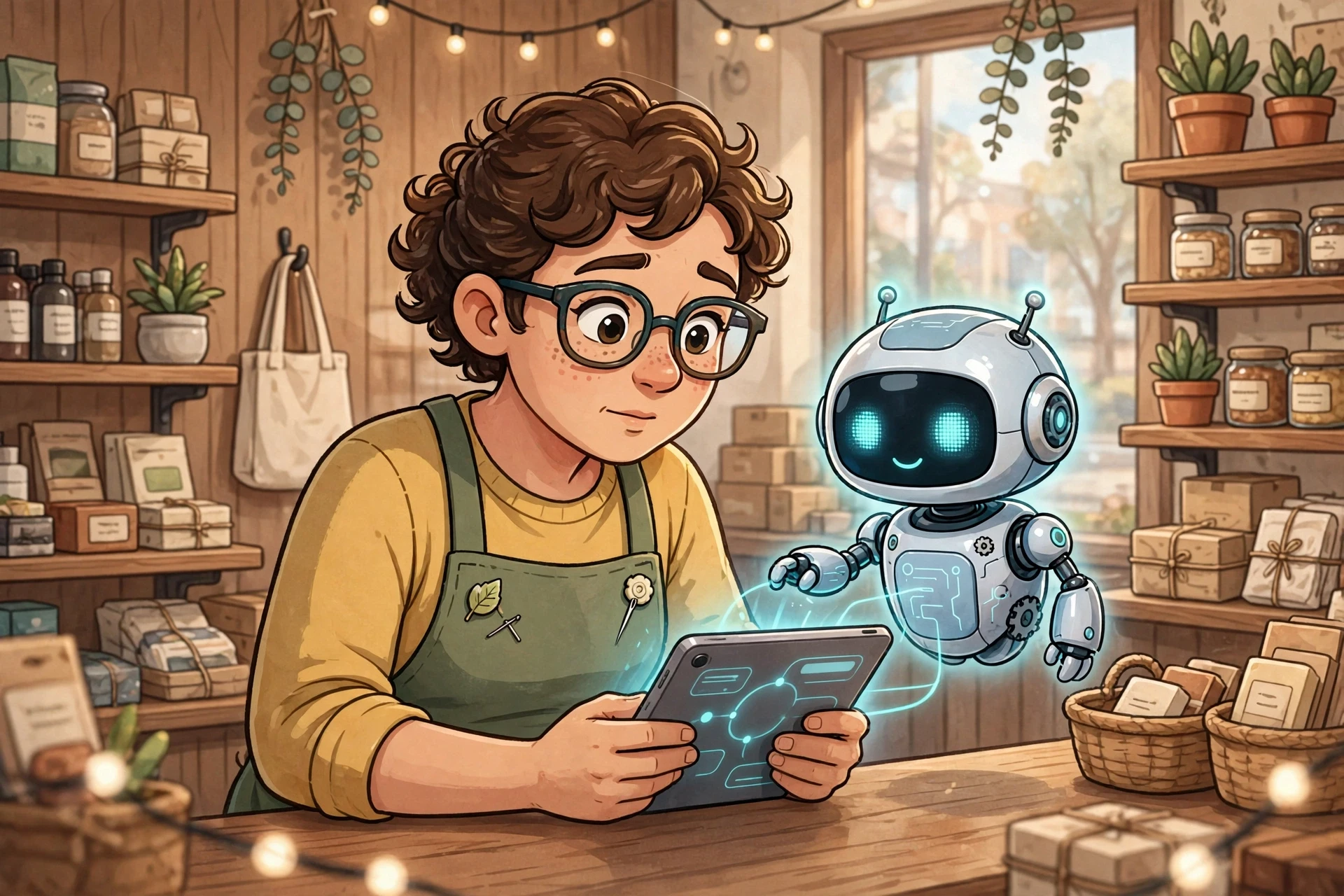 Small business owner watching AI complete tablet order