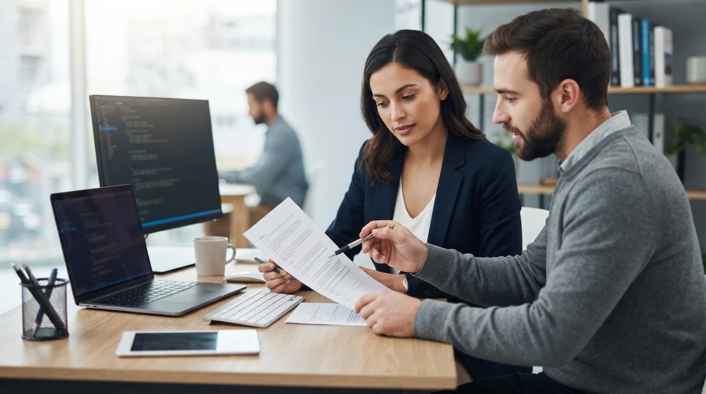 Business owner reviewing contract at small office desk