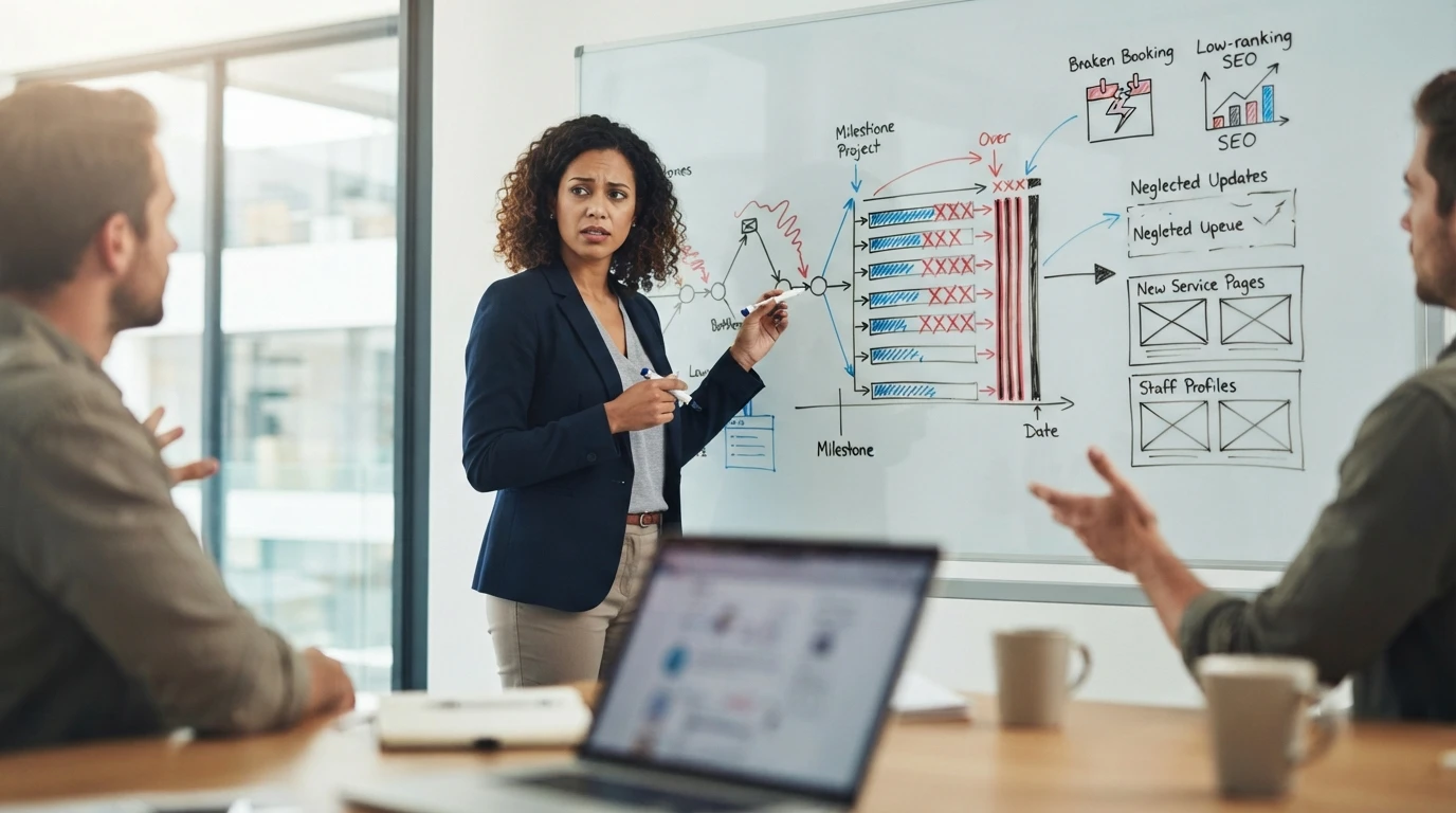 Business owner reviewing stalled website timeline on whiteboard