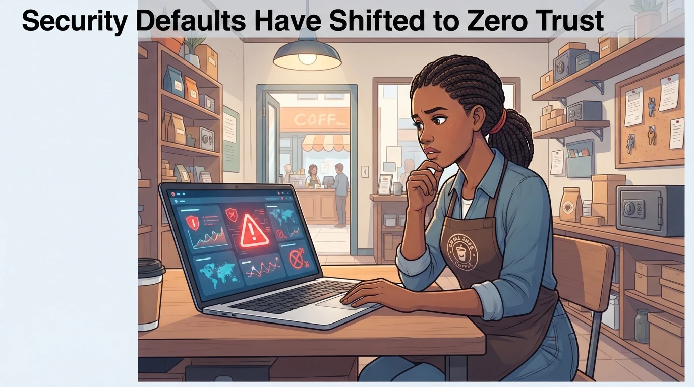 Small business owner checking laptop security alerts in back room