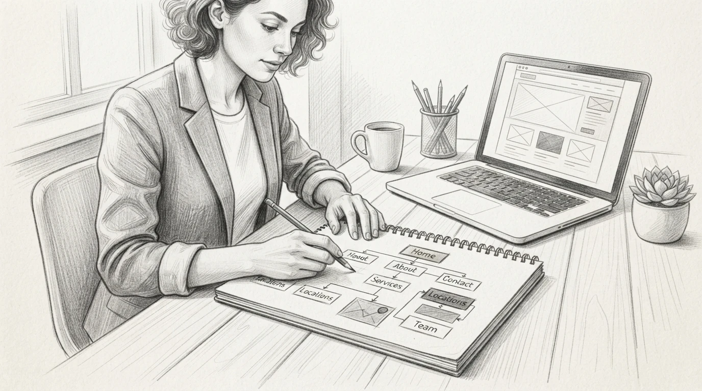 Pencil sketch of sitemap planning beside laptop