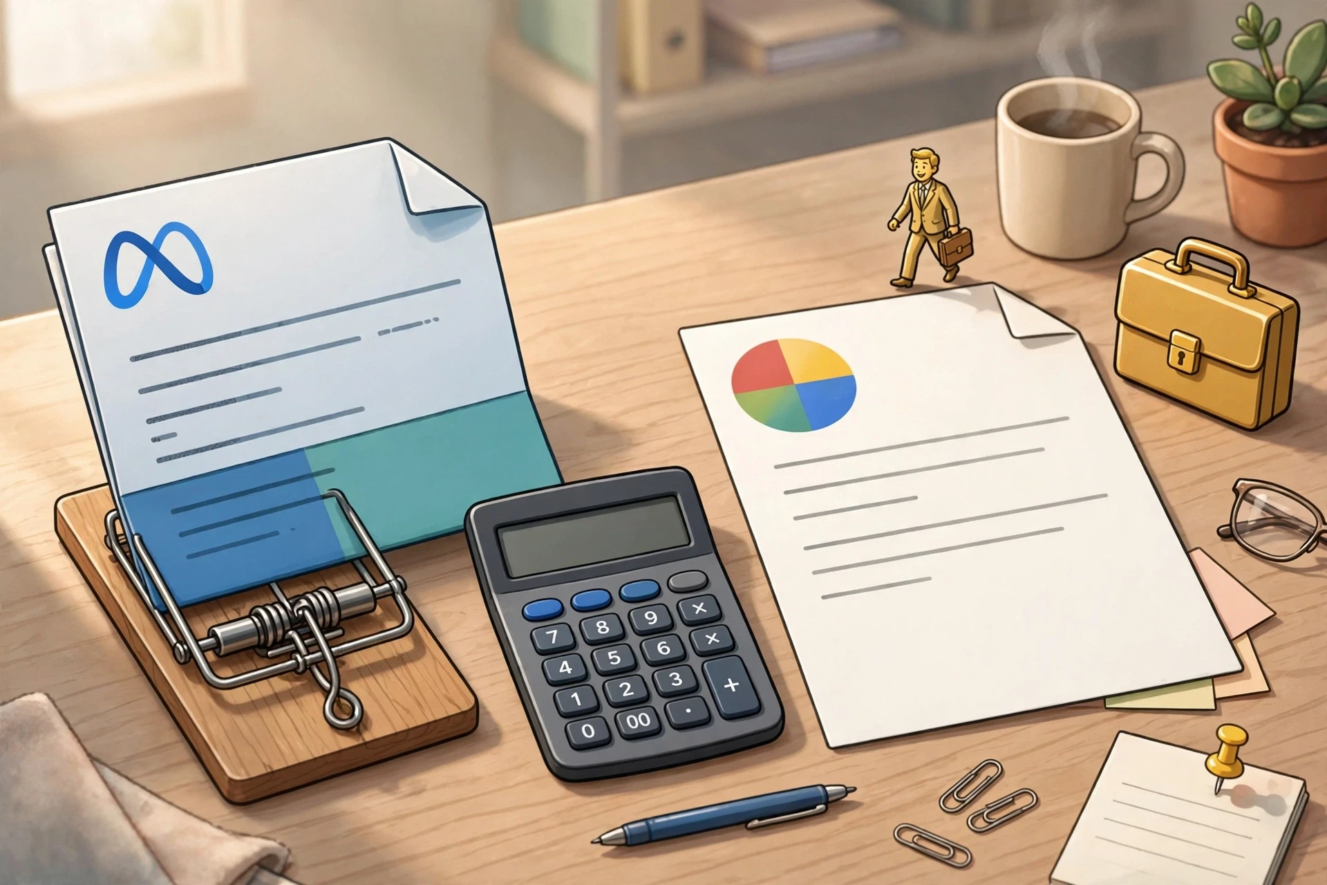 Calculator beside Meta and Google lead invoices