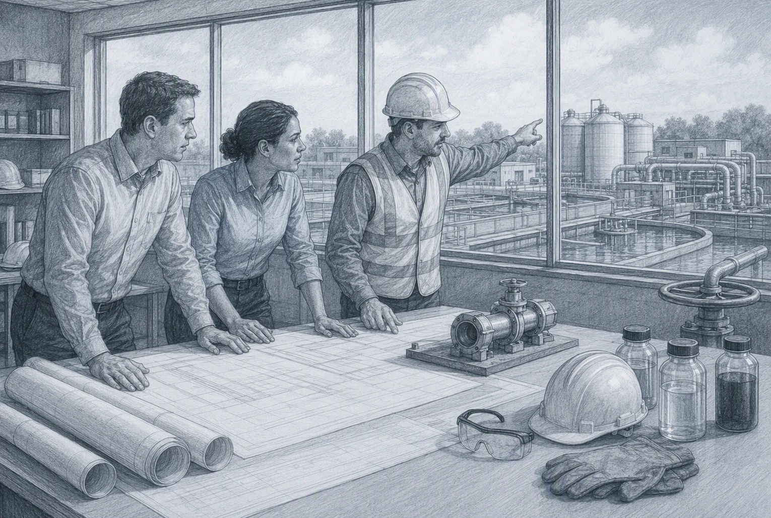 Engineer reviewing water reuse pipeline plans with utility team