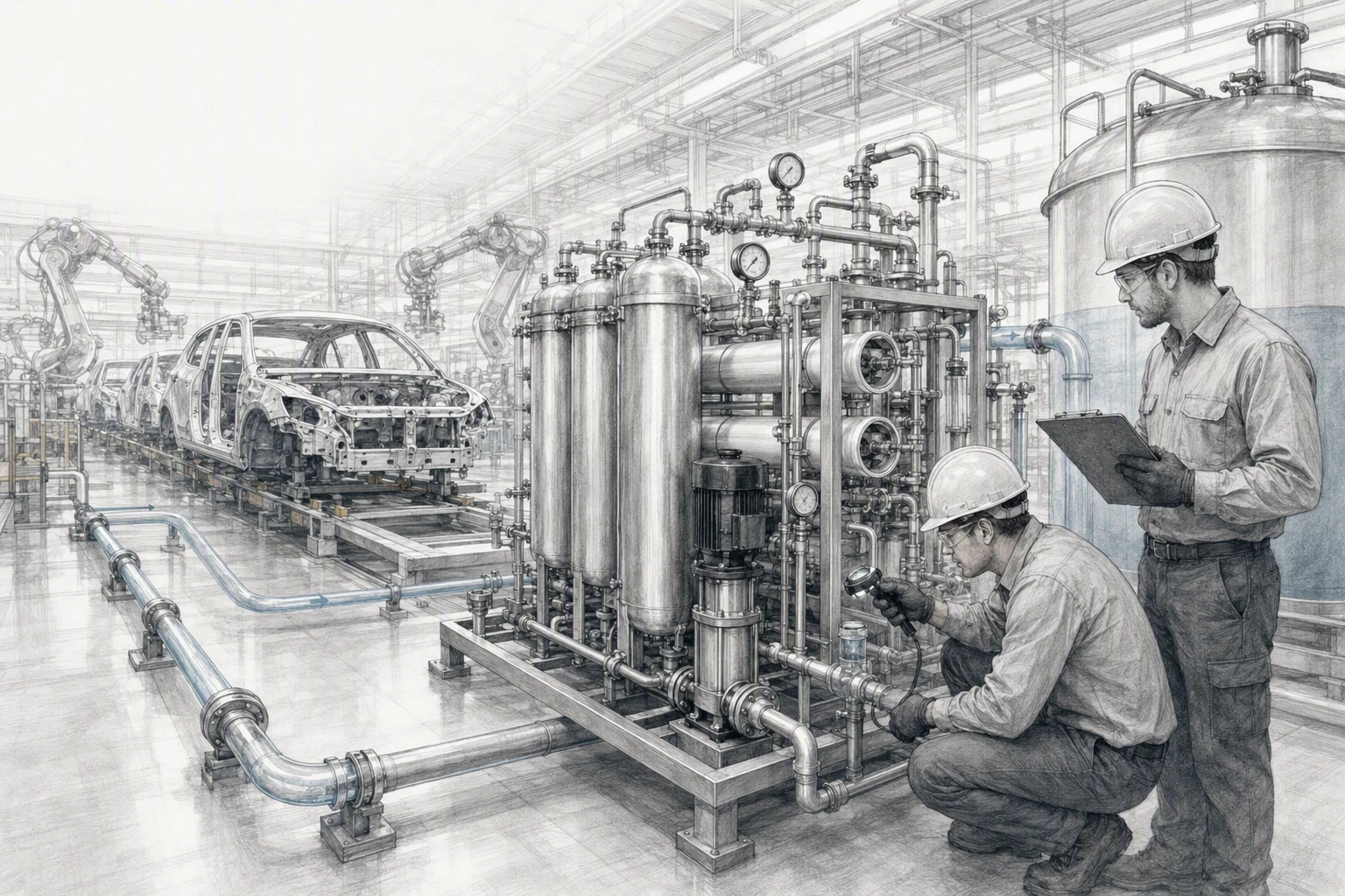 Industrial technicians inspect cooling-water reuse system near assembly line