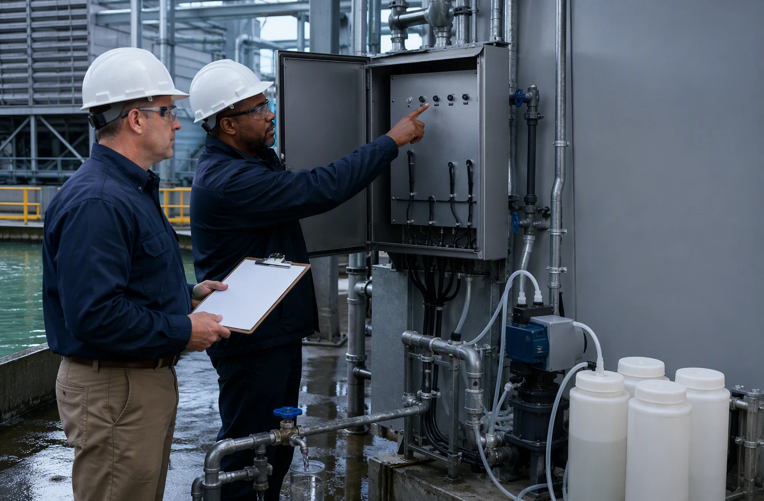 Engineer inspecting cooling tower controls with technician