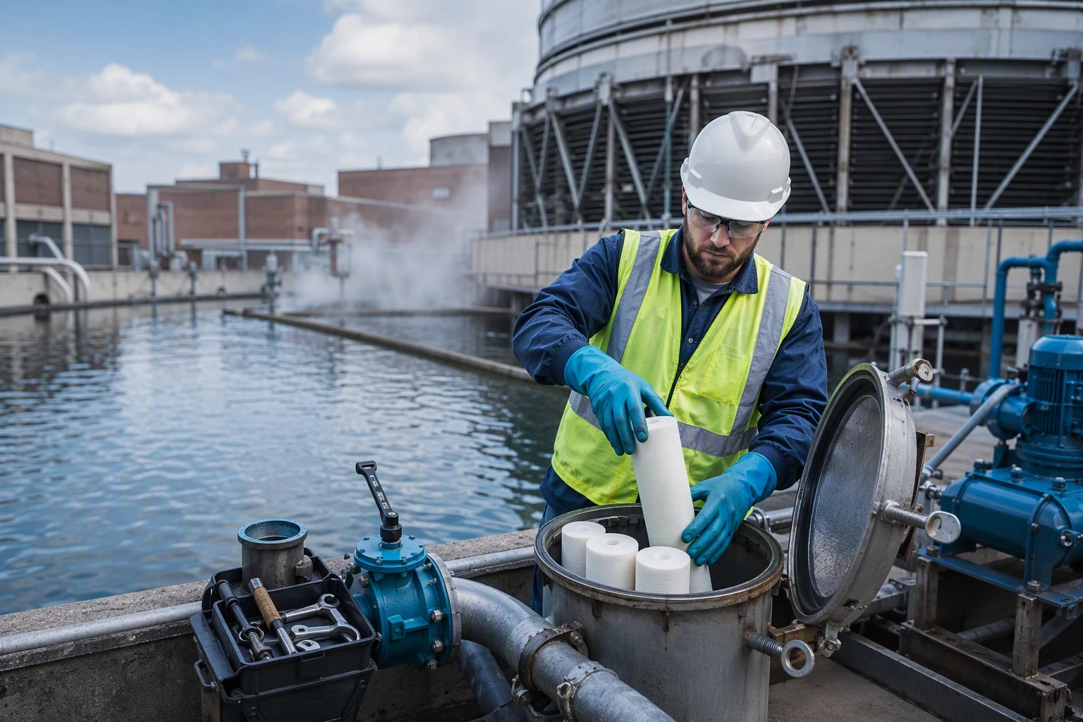 Technician installing precision treatment cartridges beside industrial cooling basin