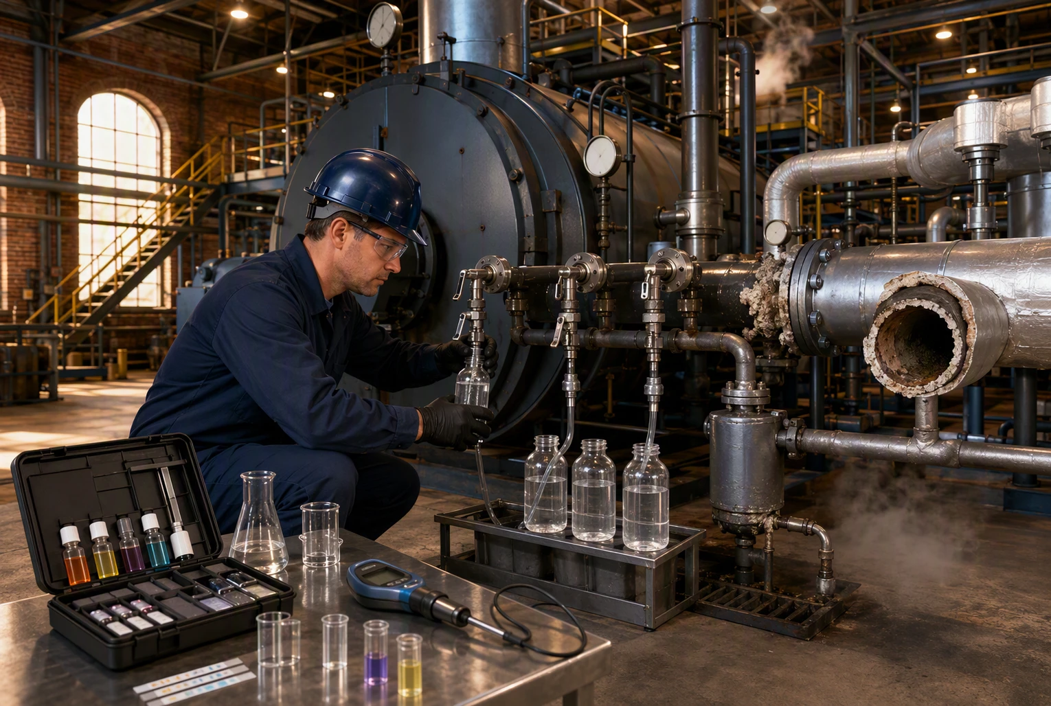 Boiler operator tests three water samples at industrial steam plant