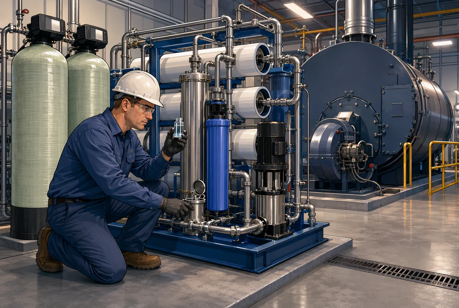 Technician inspecting pretreatment units in boiler room