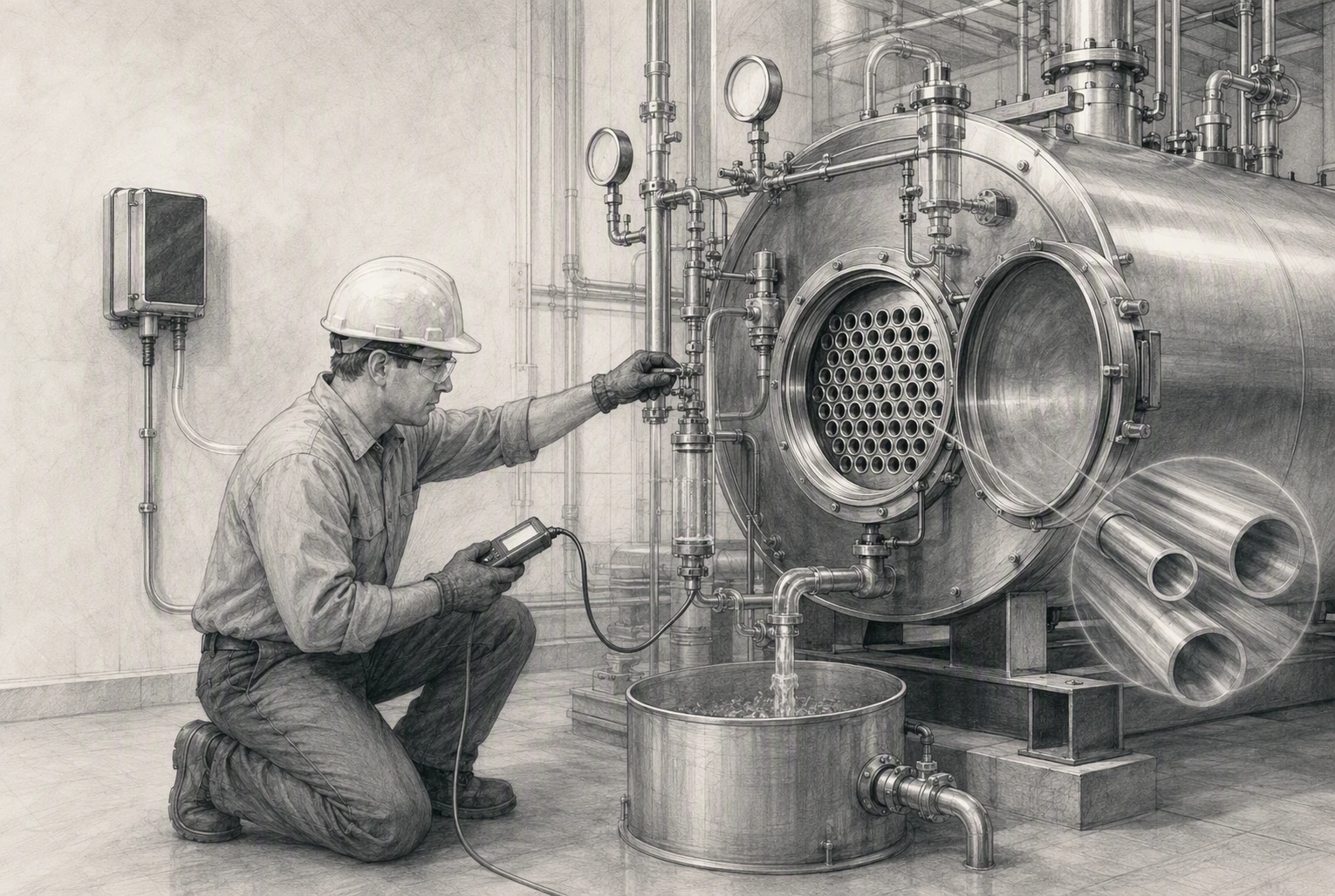 Boiler technician monitoring conductivity controller beside clean firetube boiler