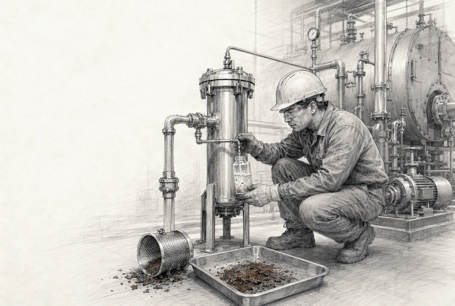 Operator inspects cartridge filter housing during particulate testing