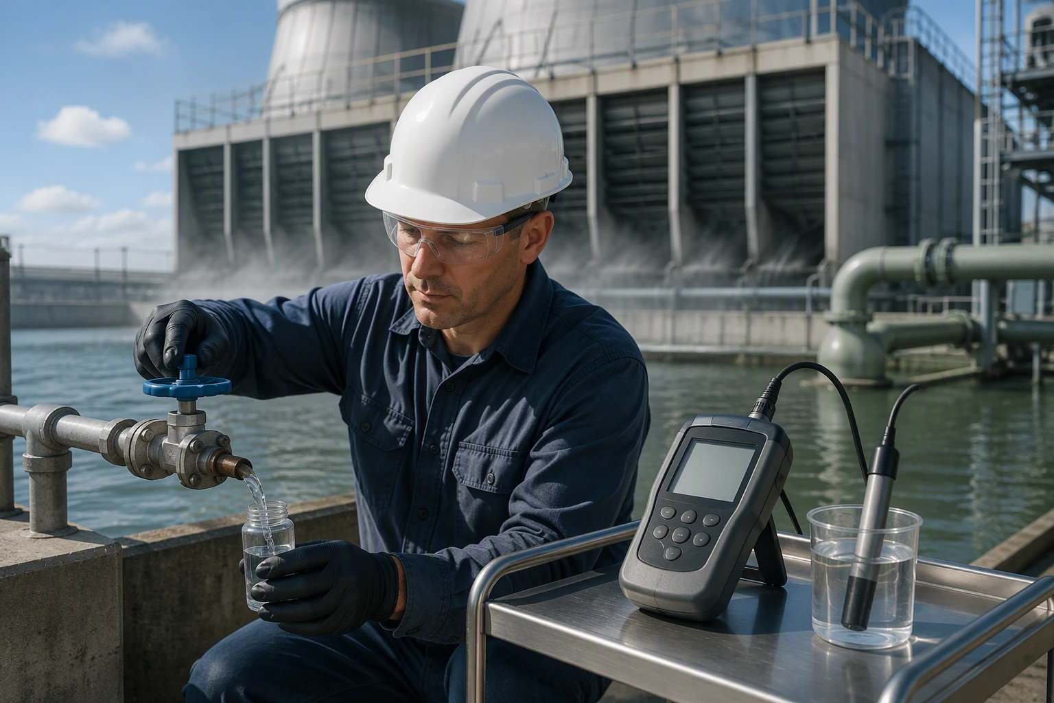 Operator tests cooling tower water chemistry