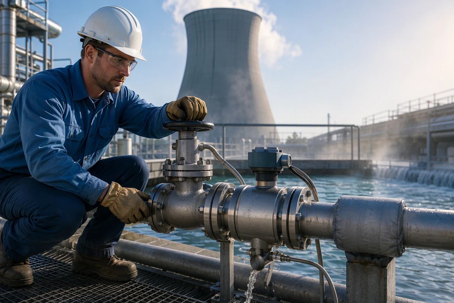 Technician adjusts blowdown valve at cooling tower water meter