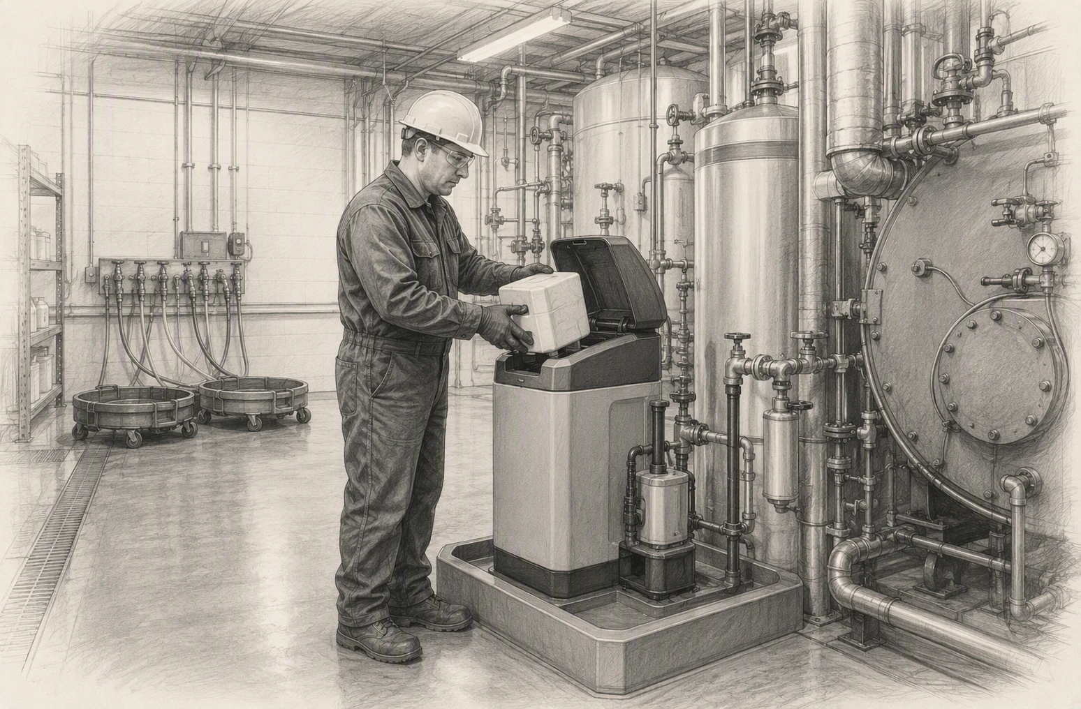 Industrial operator handling solid chemistry feeder near boiler system