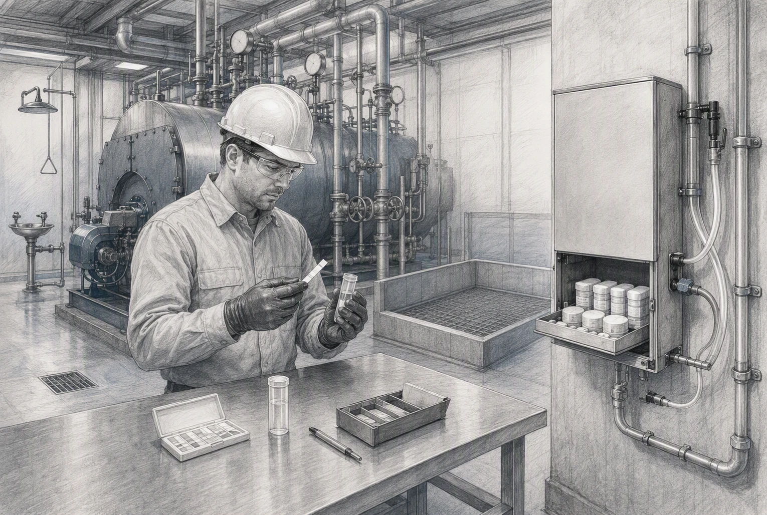 Engineer assessing solid chemistry storage against test data