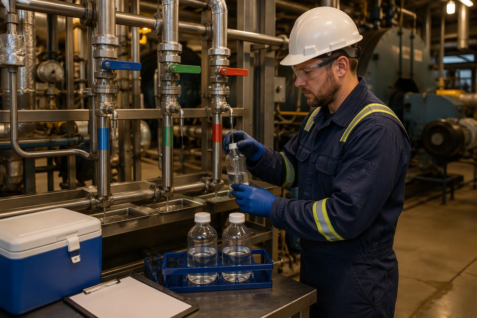 Technician samples feedwater condensate and blowdown lines