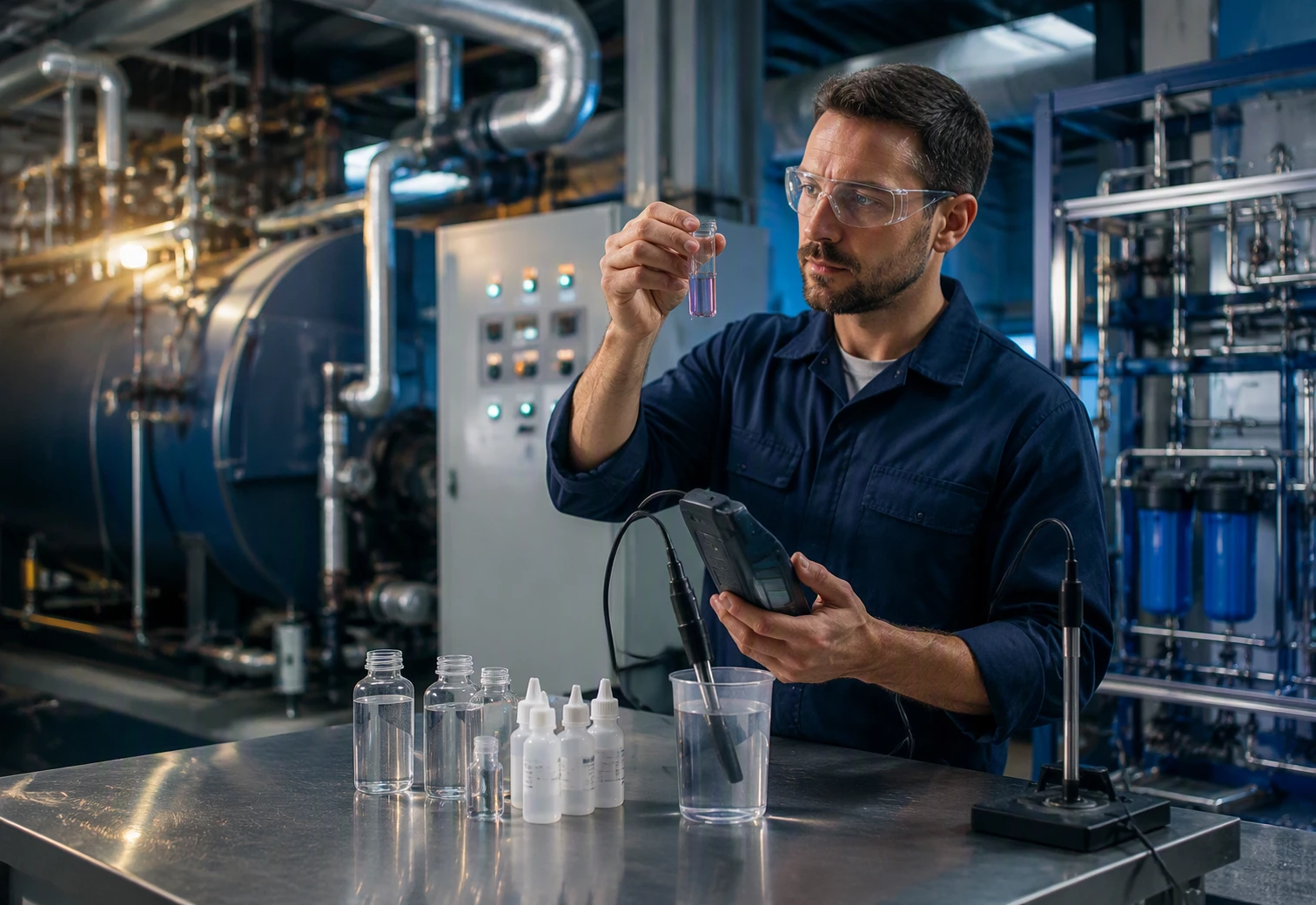 Boiler technician checks conductivity and hardness tests beside control panel
