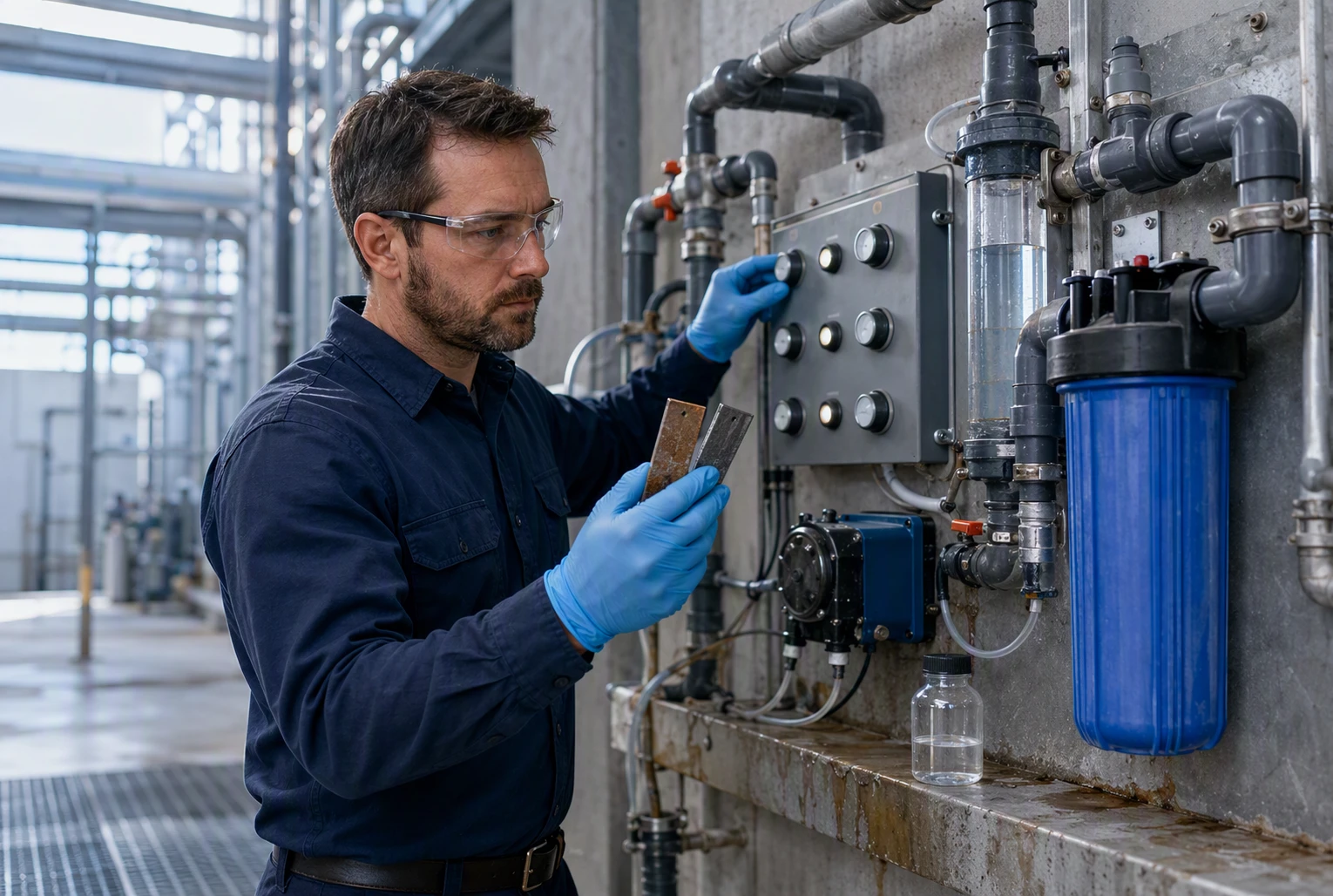 Engineer inspects corrosion coupons and tower controls