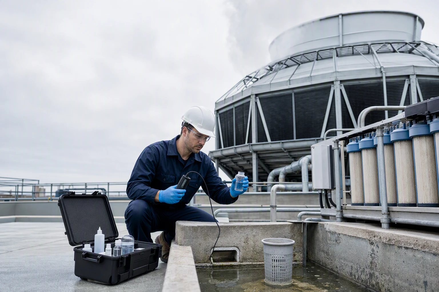 Technician inspecting evaporative basin under cooling tower plume