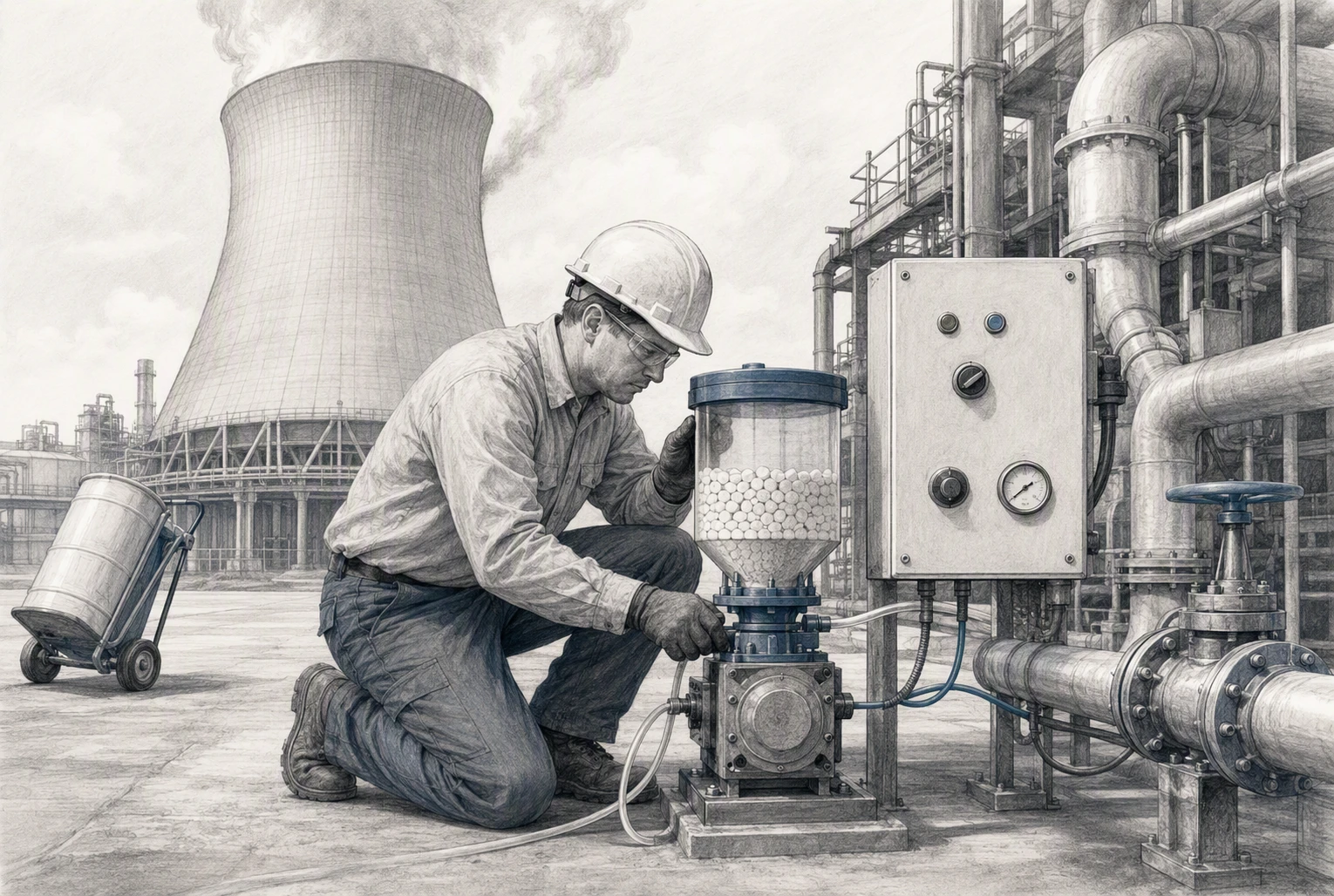 Operator checking solid feeder beside cooling tower