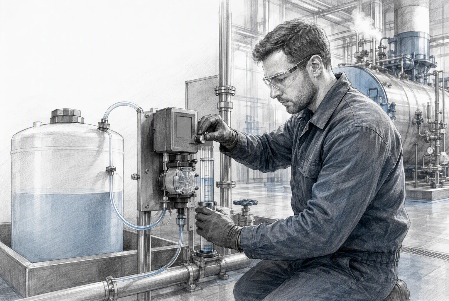 Technician calibrating liquid metering pump