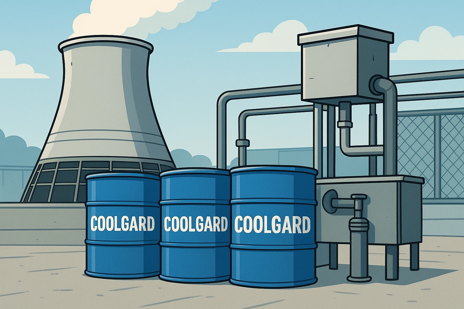 Four chemical drums beside an industrial cooling tower