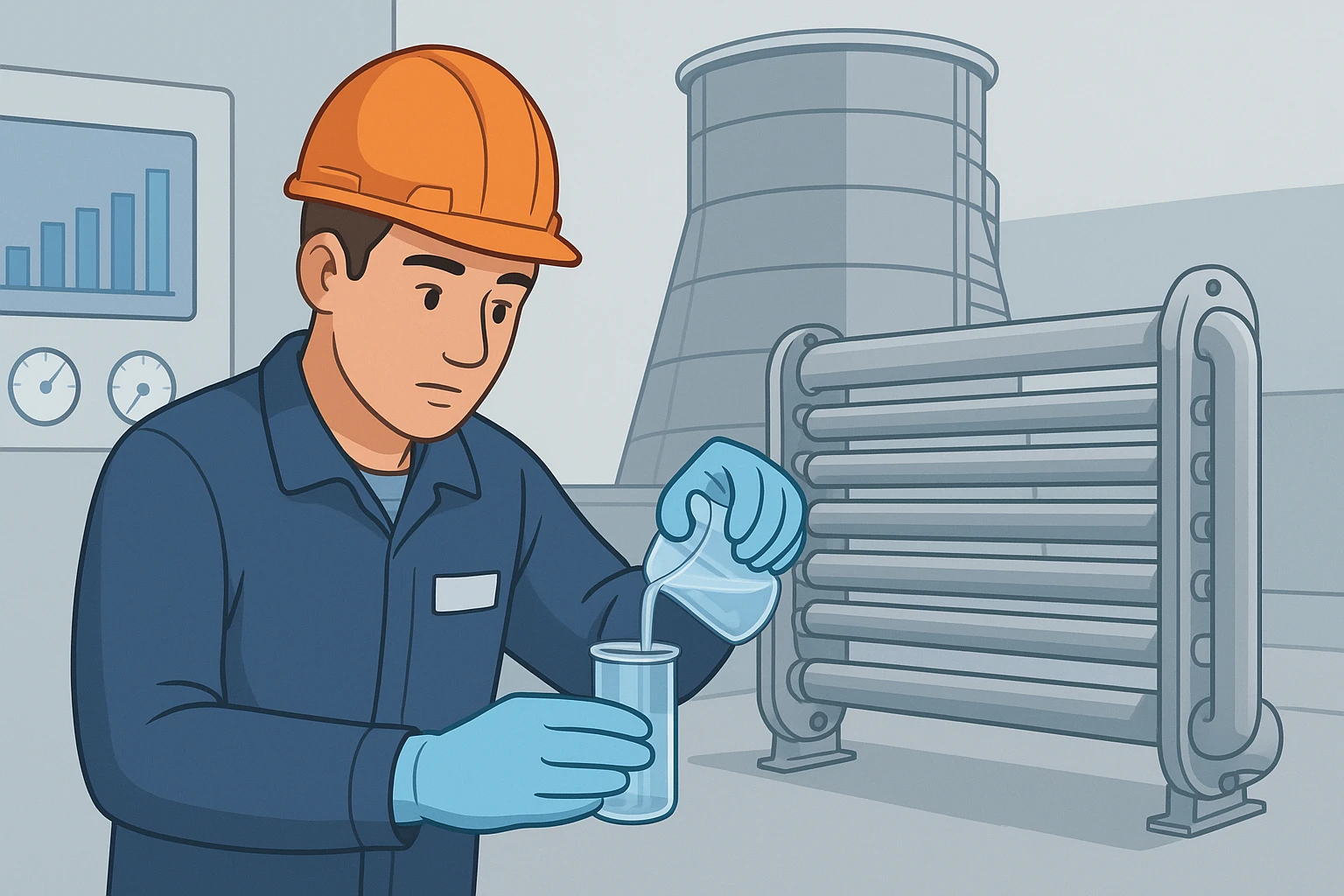 Engineer sampling blowdown beside heat exchanger