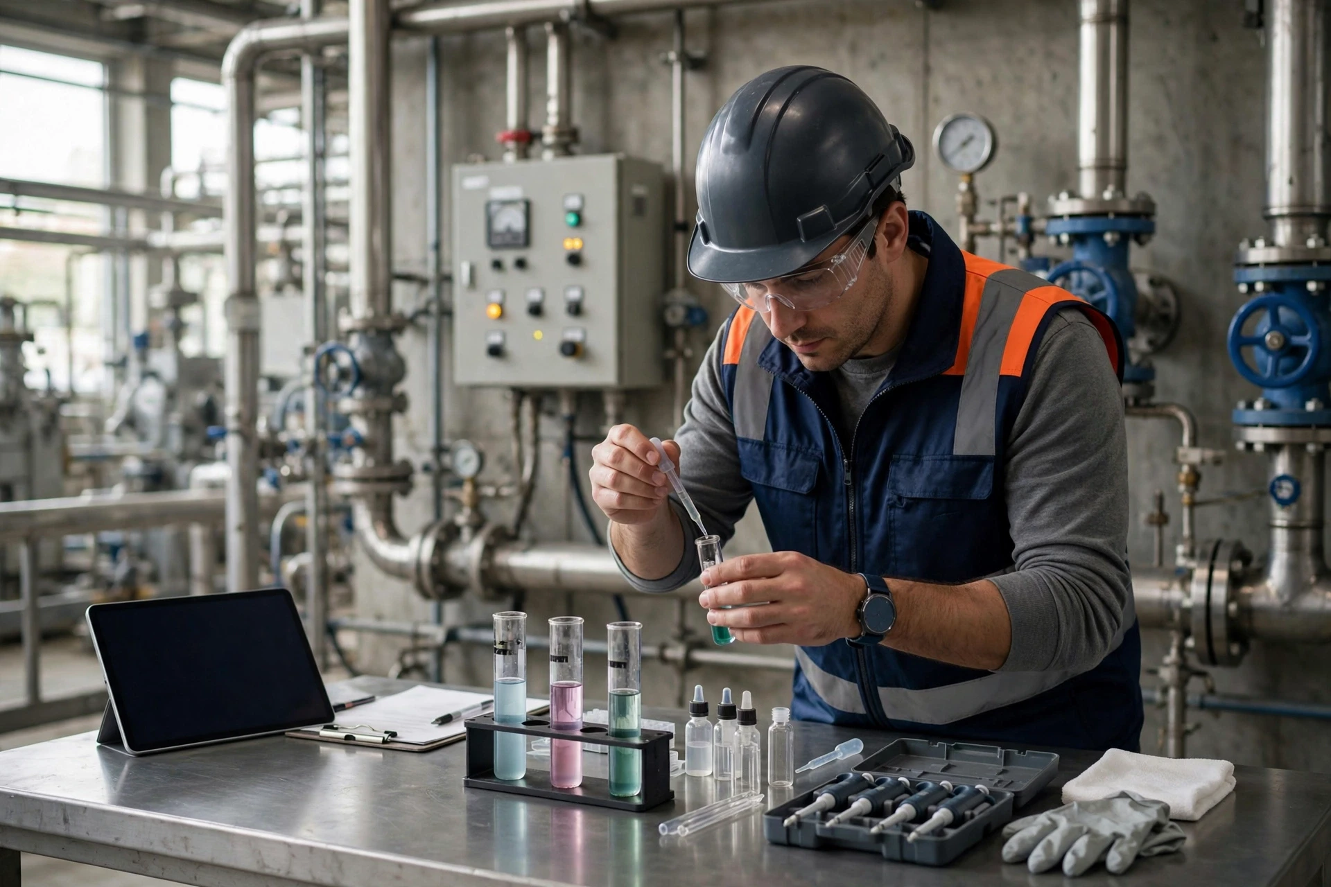 Industrial operator testing boiler water sample