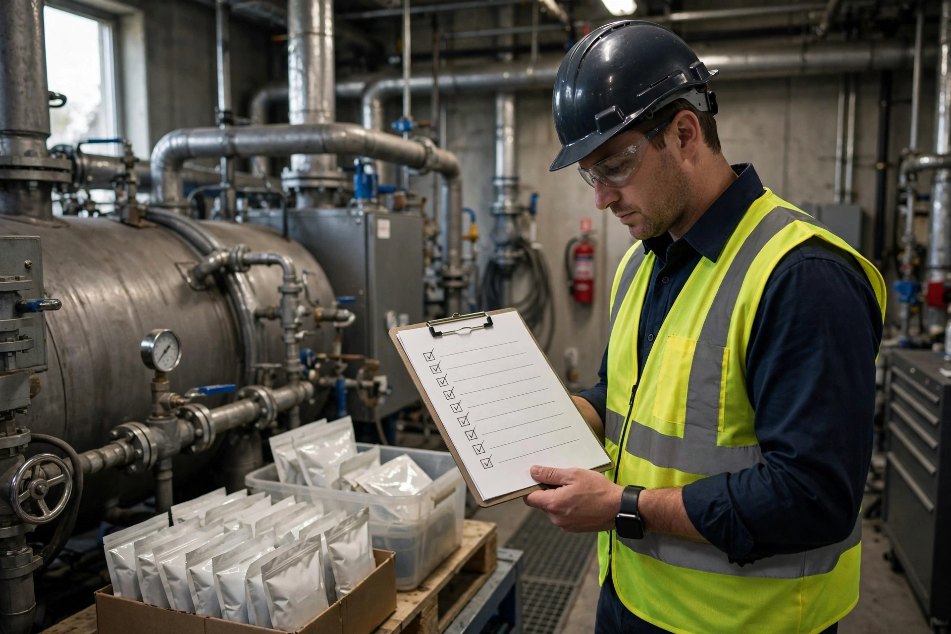 Facility manager reviewing boiler treatment checklist