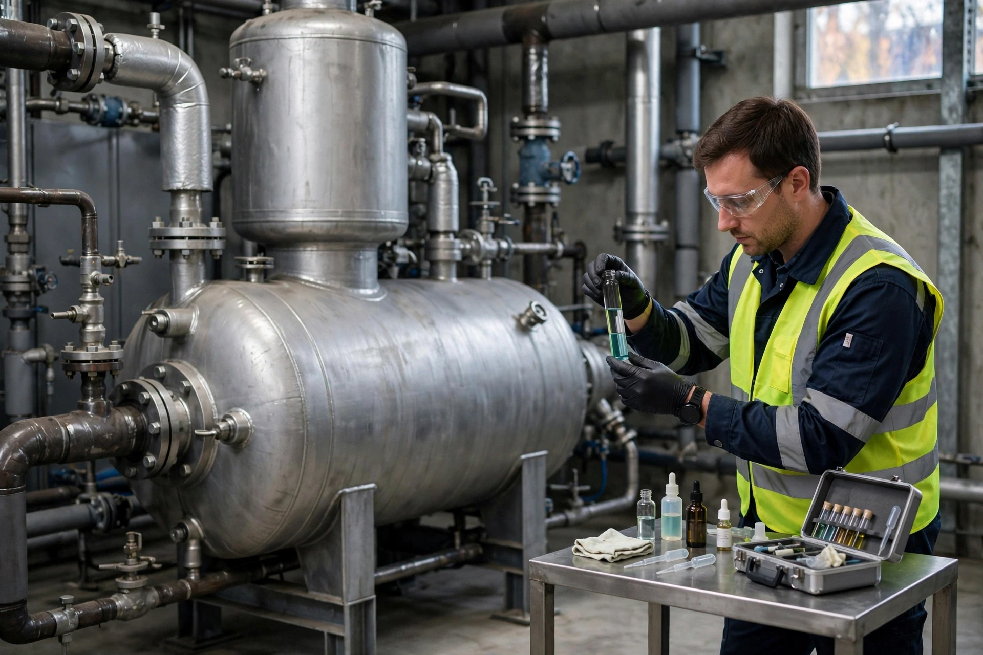 Technician sampling feedwater beside deaerator tank
