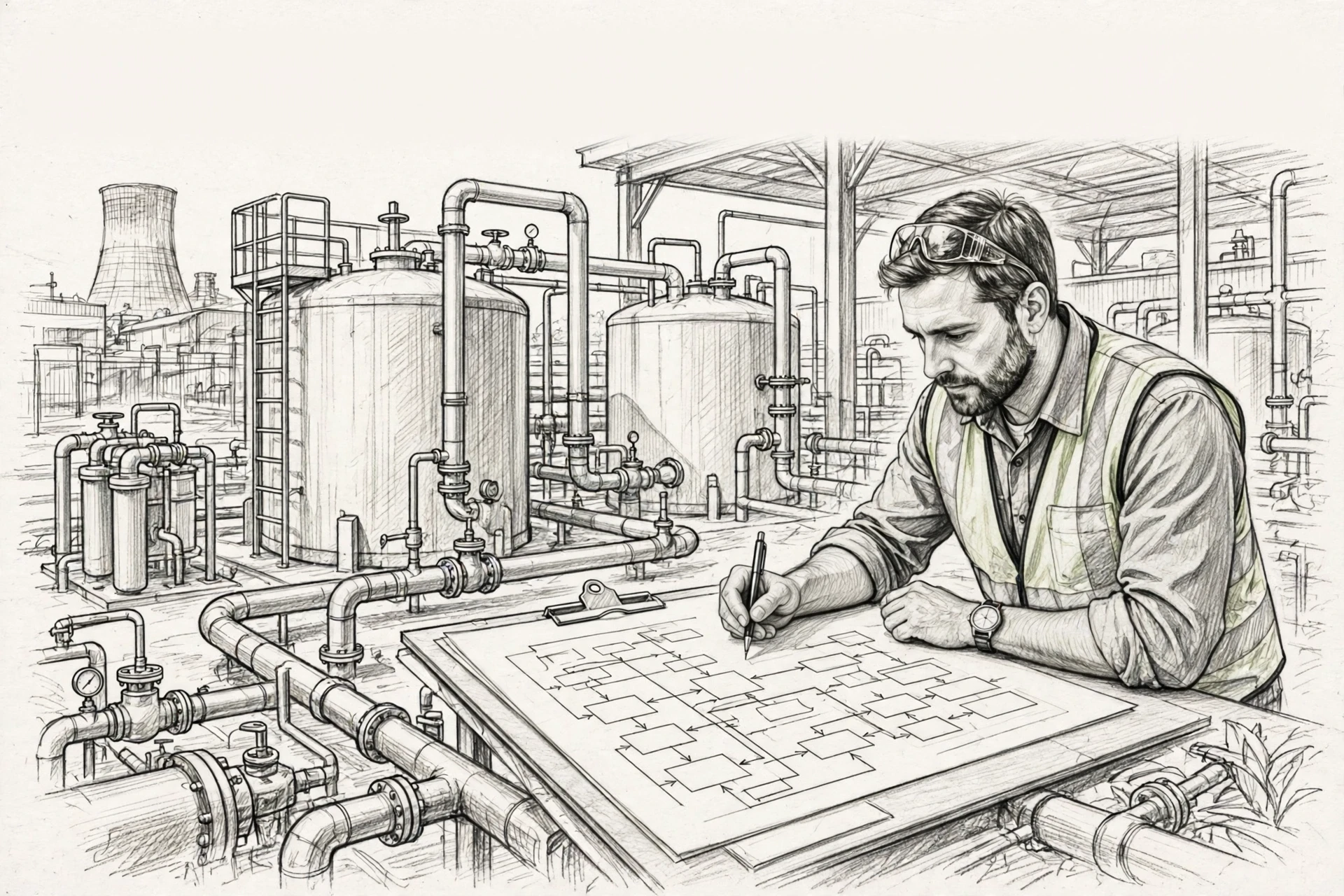Engineer reviewing water balance beside treatment tanks