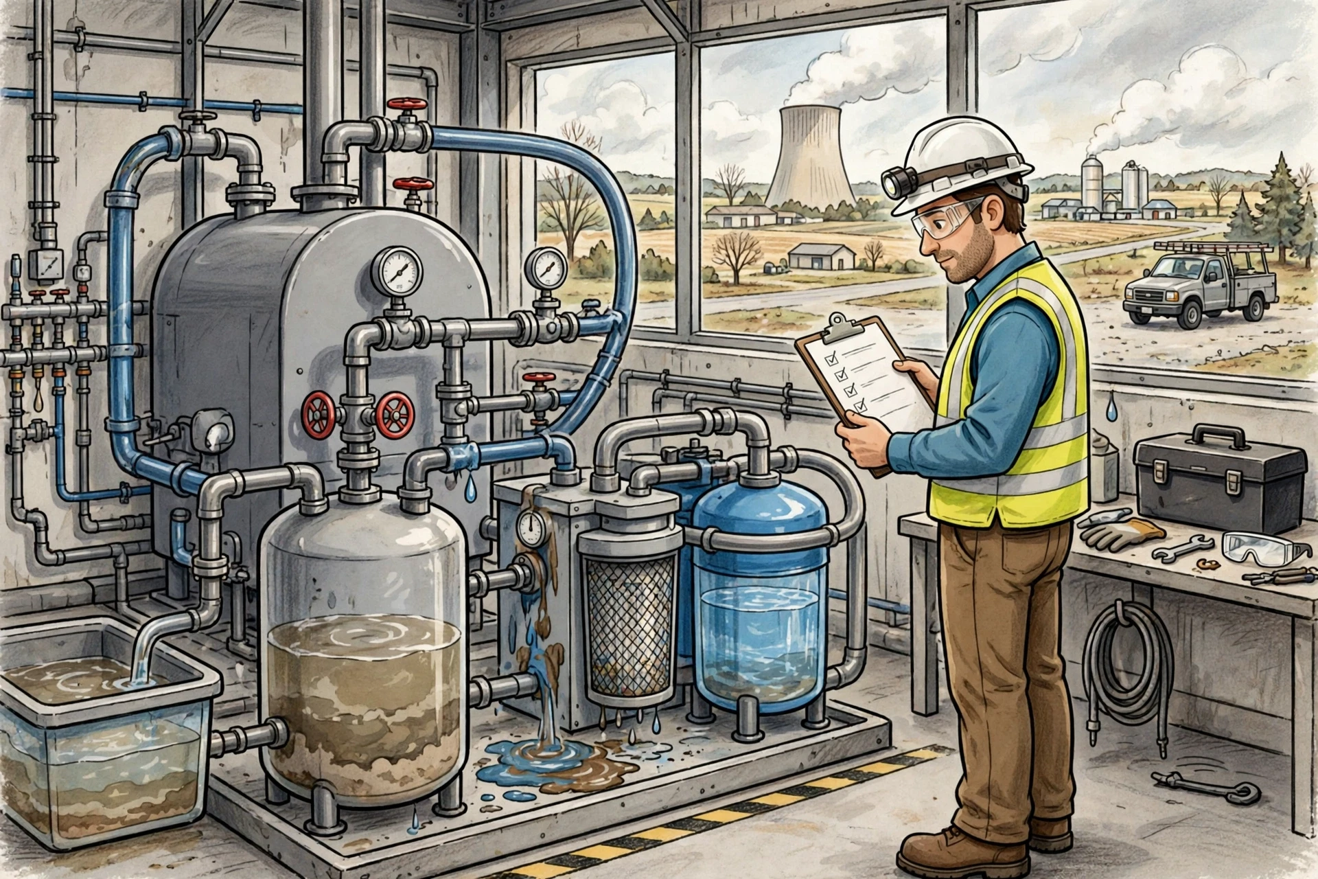 Facility manager reviewing water treatment checklist near boiler