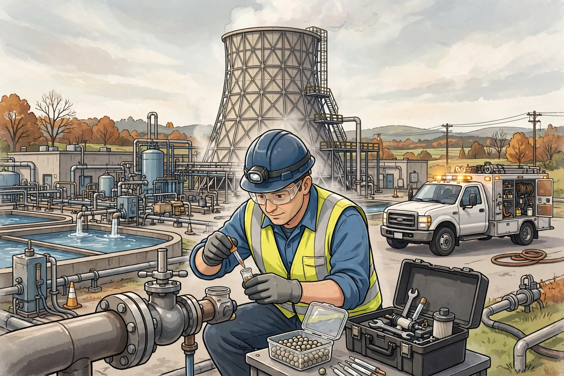 Engineer testing cooling tower water sample