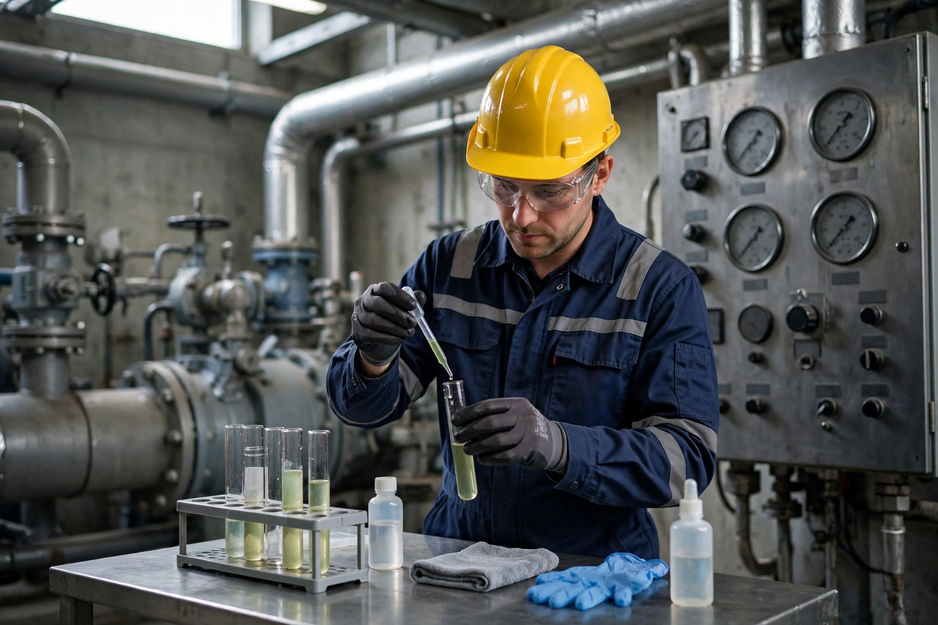 Plant operator testing boiler water sample