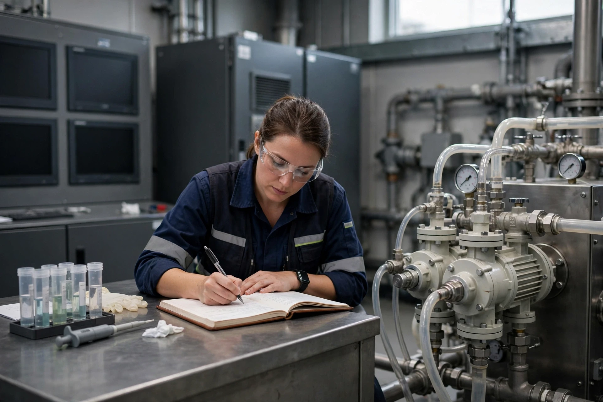 Technician logging boiler water test results