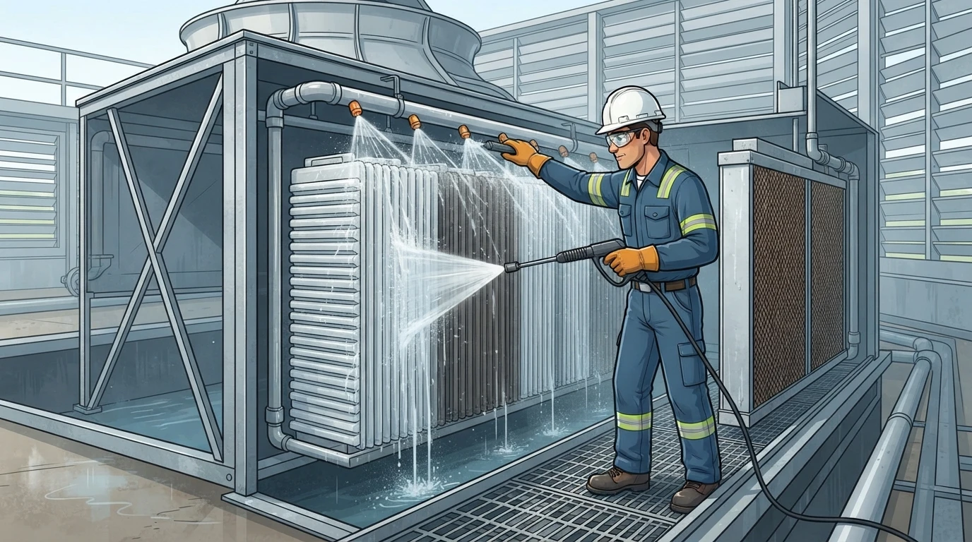 Worker pressure-washing cooling tower fill packs