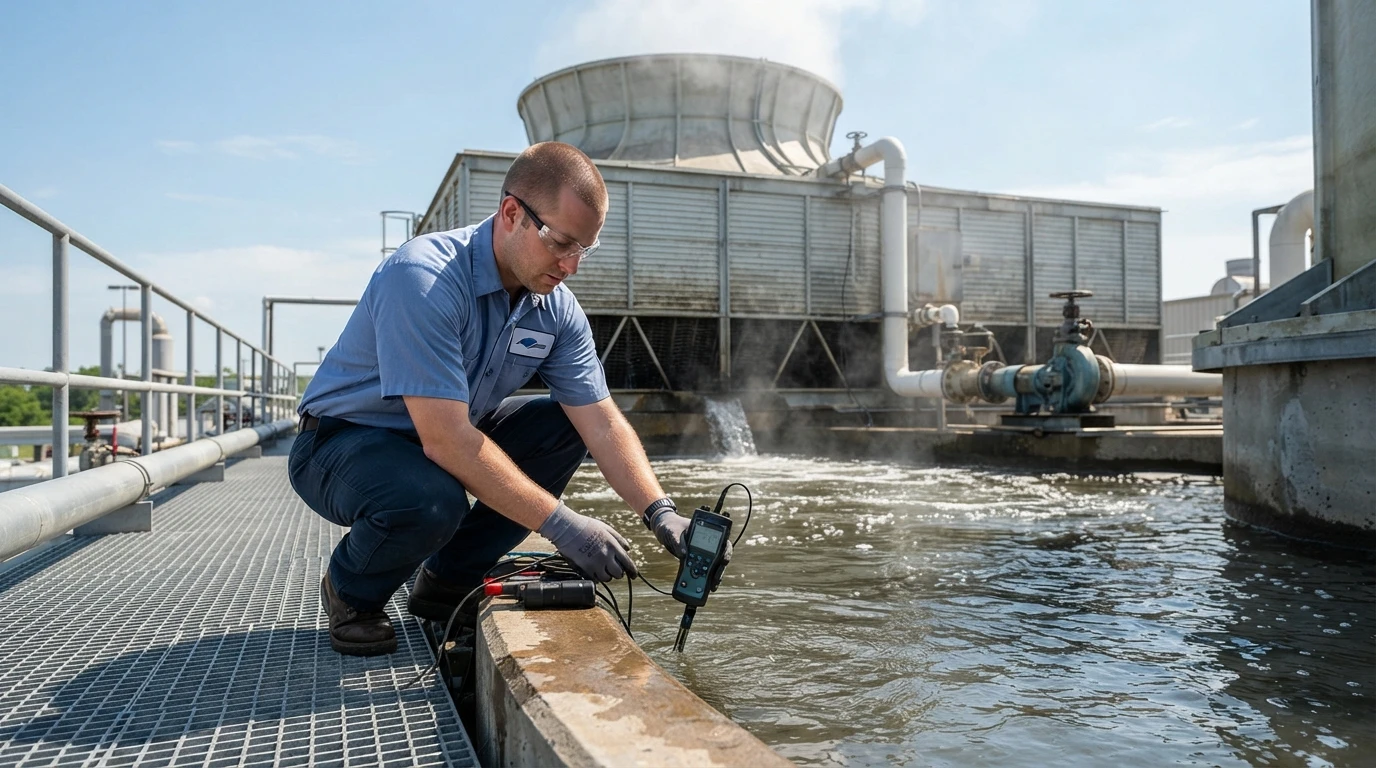 Technician testing cooling tower water conductivity