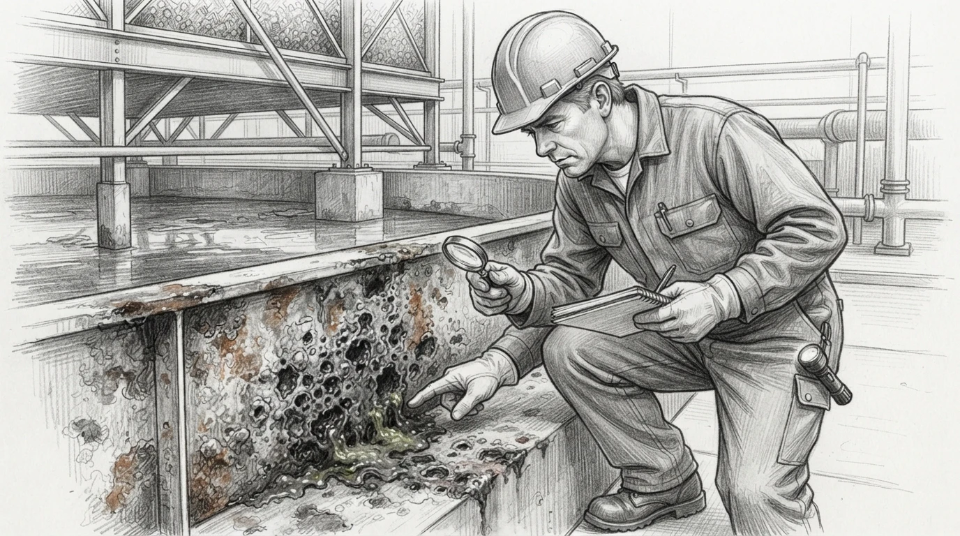 Inspector examining pitted cooling tower basin